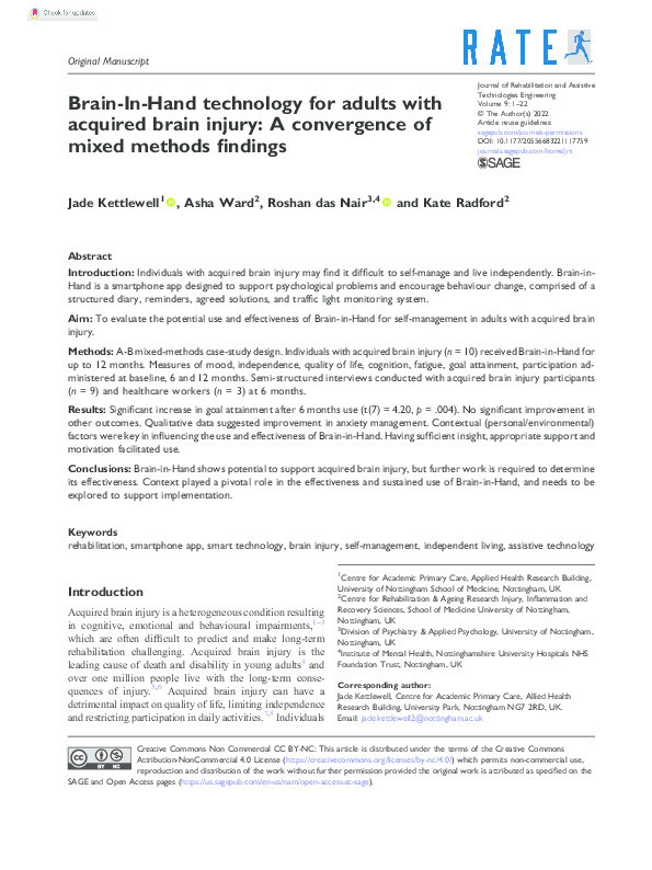 Brain-In-Hand technology for adults with acquired brain injury: A convergence of mixed methods findings Thumbnail