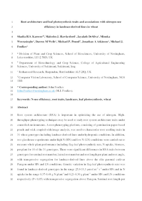 Root architecture and leaf photosynthesis traits and associations with nitrogen-use efficiency in landrace-derived lines in wheat Thumbnail