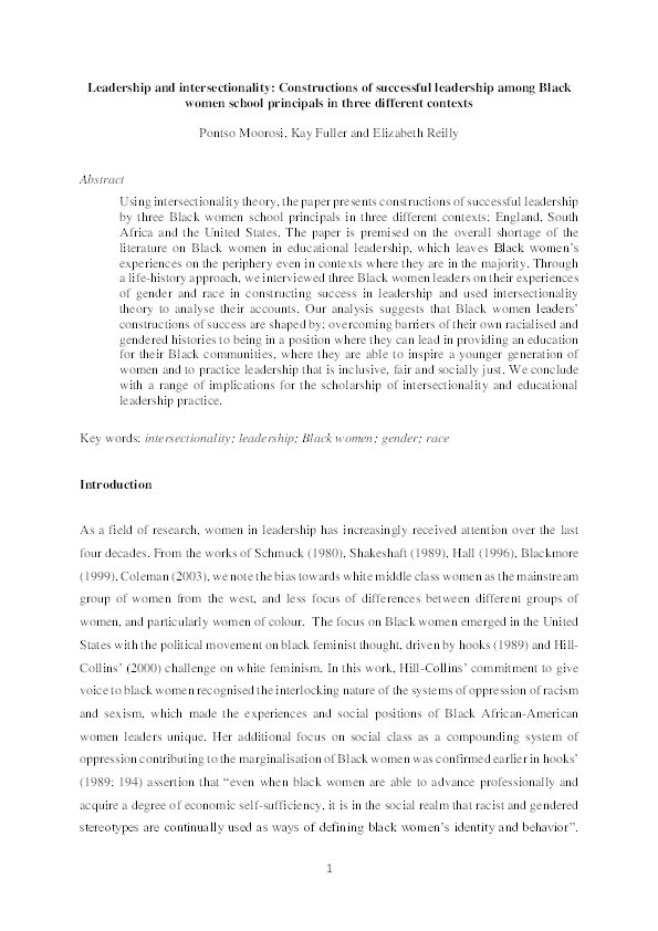 Leadership and intersectionality: Constructions of successful leadership among Black women school principals in three different contexts Thumbnail