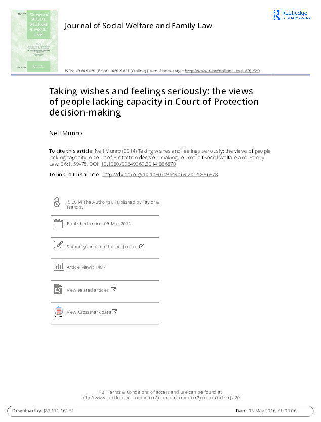 Taking wishes and feelings seriously: the views of people lacking capacity in Court of Protection decision-making Thumbnail