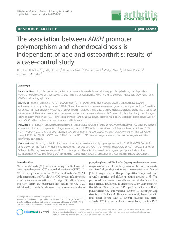 The association between ANKH promoter polymorphism and chondrocalcinosis is independent of age and osteoarthritis: results of a case–control study Thumbnail