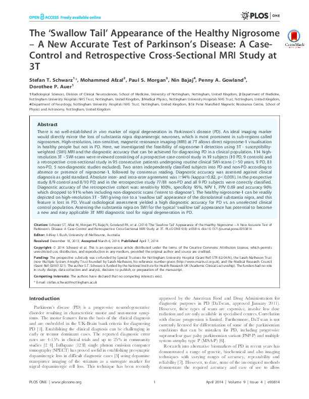 The ‘Swallow Tail’ Appearance of the Healthy Nigrosome – A New Accurate Test of Parkinson's Disease: A Case-Control and Retrospective Cross-Sectional MRI Study at 3T Thumbnail