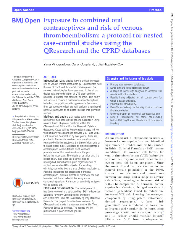Exposure to combined oral contraceptives and risk of venous thromboembolism: a protocol for nested case–control studies using the QResearch and the CPRD databases Thumbnail