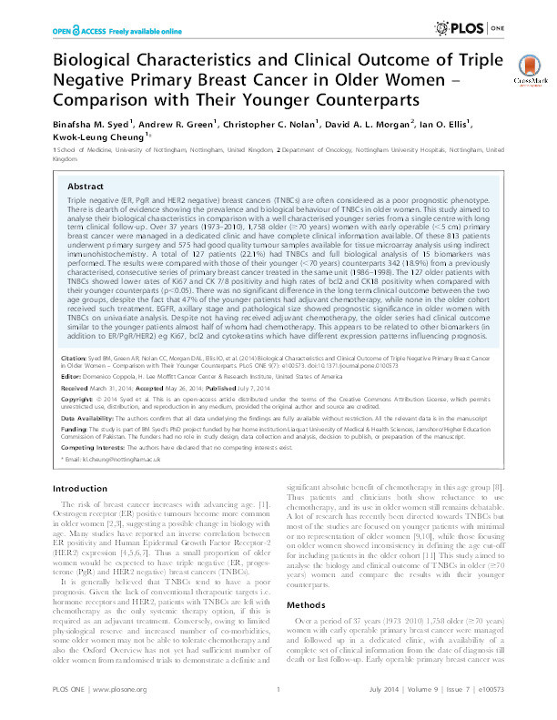 Biological characteristics and clinical outcome of triple negative primary breast cancer in older women - comparison with their younger counterparts. Thumbnail