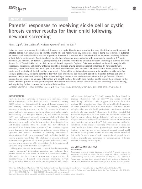 Parents' responses to receiving sickle cell or cystic fibrosis carrier results for their child following newborn screening Thumbnail