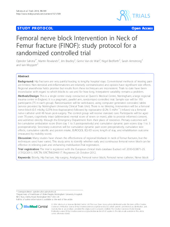 Femoral nerve block Intervention in Neck of Femur fracture (FINOF): study protocol for a randomized controlled trial Thumbnail