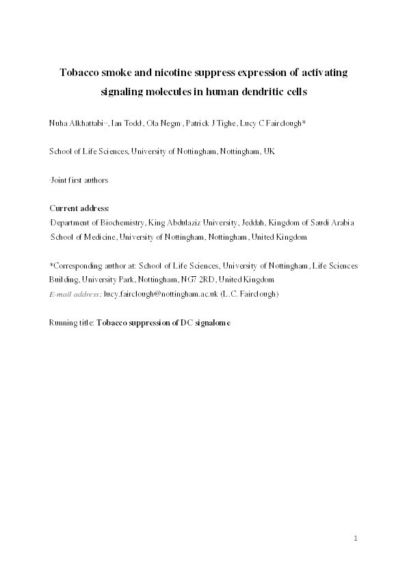 Tobacco smoke and nicotine suppress expression of activating signaling molecules in human dendritic cells Thumbnail