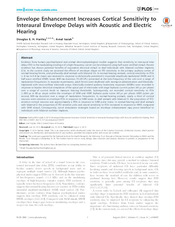 Envelope enhancement increases cortical sensitivity to interaural envelope delays with acoustic and electric hearing Thumbnail