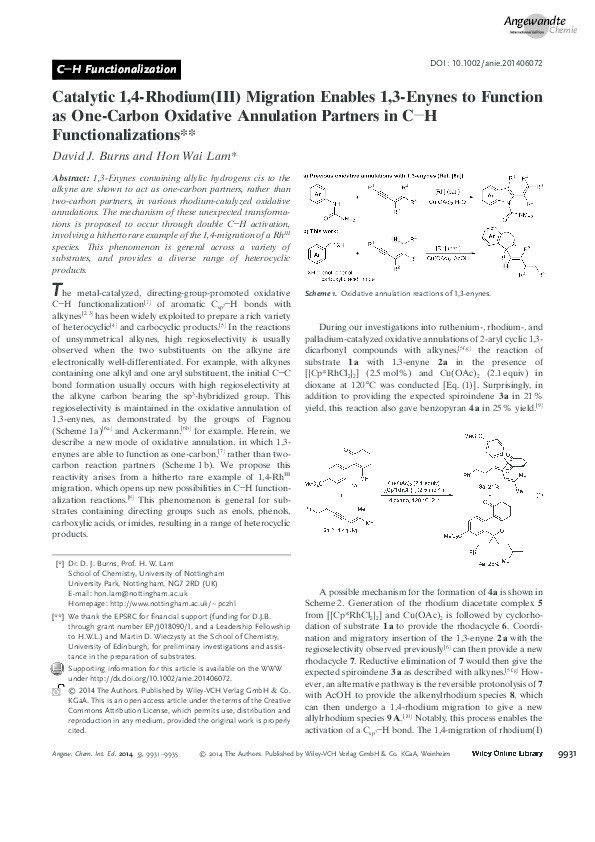 Catalytic 1,4-rhodium(III) migration enables 1,3-enynes to function as one-carbon oxidative annulation partners in C-H functionalizations Thumbnail