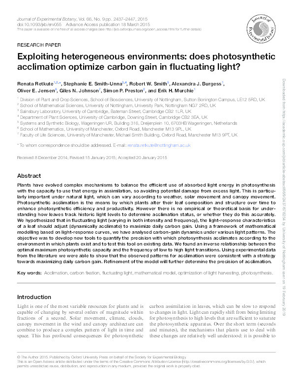 Exploiting heterogeneous environments: does photosynthetic acclimation optimize carbon gain in fluctuating light? Thumbnail