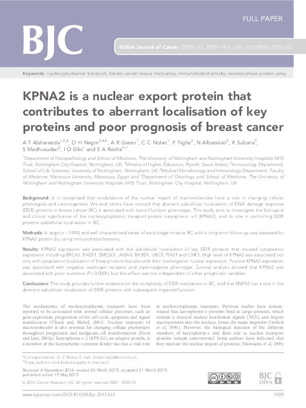 KPNA2 is a nuclear export protein that contributes to aberrant localisation of key proteins and poor prognosis of breast cancer Thumbnail