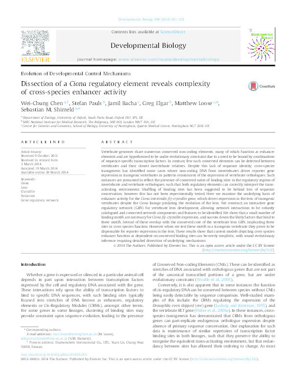 Dissection of a Ciona regulatory element reveals complexity of cross-species enhancer activity Thumbnail