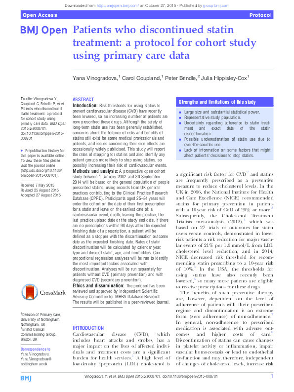 Patients who discontinued statin treatment: a protocol for cohort study using primary care data Thumbnail