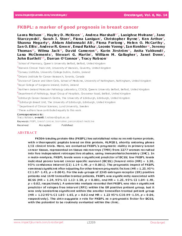 FKBPL: a marker of good prognosis in breast cancer Thumbnail