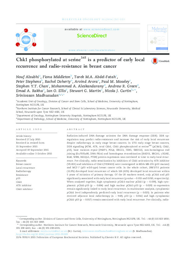 Chk1 phosphorylated at serine345 is a predictor of early local recurrence and radio-resistance in breast cancer Thumbnail