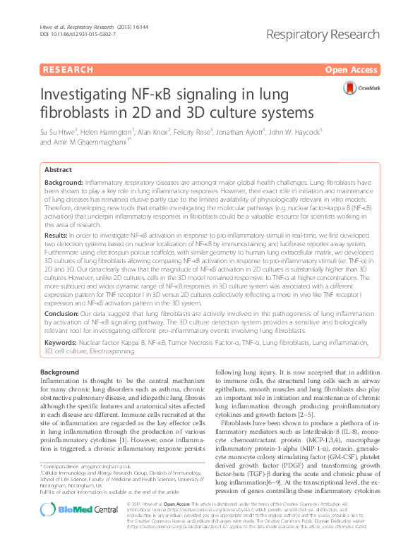 Investigating NF-kappa B signaling in lung fibroblasts in 2D and 3D culture systems Thumbnail