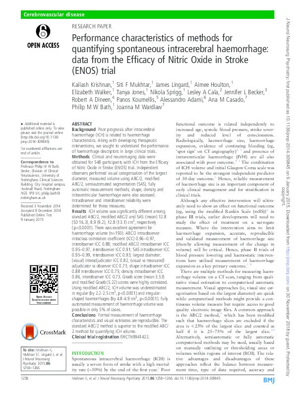 Performance characteristics of methods for quantifying spontaneous intracerebral haemorrhage: data from the Efficacy of Nitric Oxide in Stroke (ENOS) trial Thumbnail