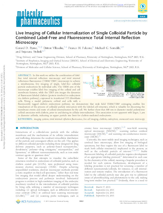 Live imaging of cellular internalization of single colloidal particle by combined label-free and fluorescence total internal reflection microscopy Thumbnail