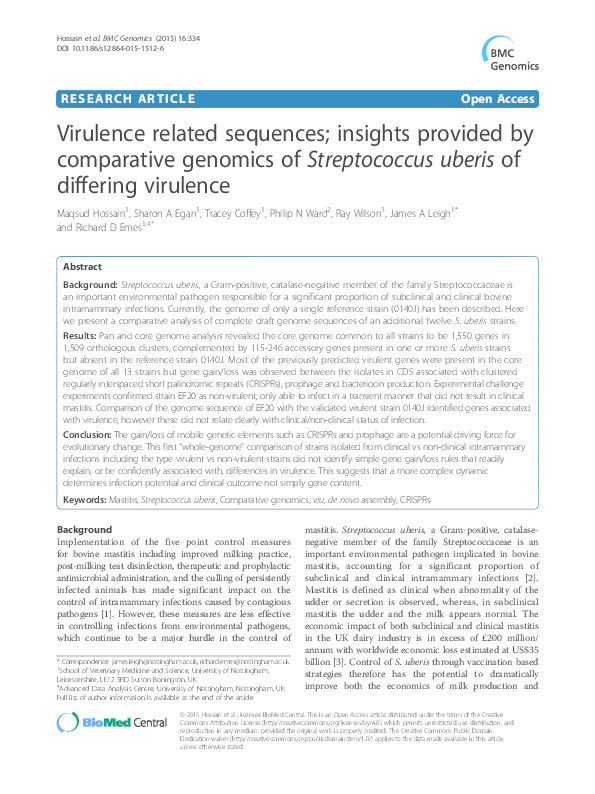 Virulence related sequences; insights provided by comparative genomics of Streptococcus uberis of differing virulence Thumbnail