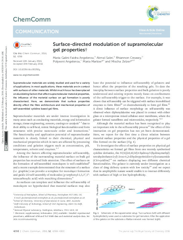 Surface directed modulation of supramolecular gel properties Thumbnail