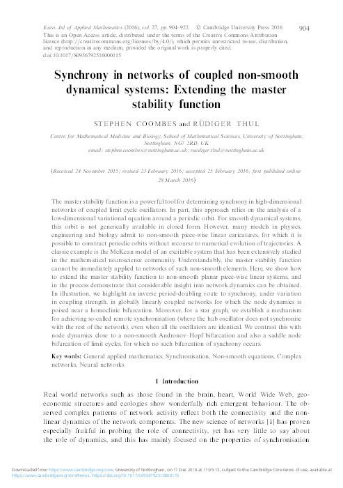 Synchrony in networks of coupled nonsmooth dynamical systems: extending the master stability function Thumbnail