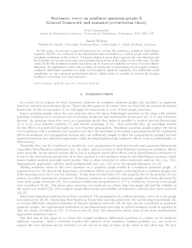 Stationary waves on nonlinear quantum graphs: General framework and canonical perturbation theory Thumbnail