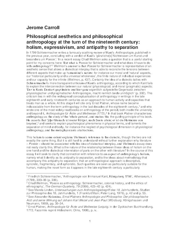 Philosophical aesthetics and philosophical anthropology at the turn of the nineteenth century: holism, expressivism, and antipathy to separation Thumbnail