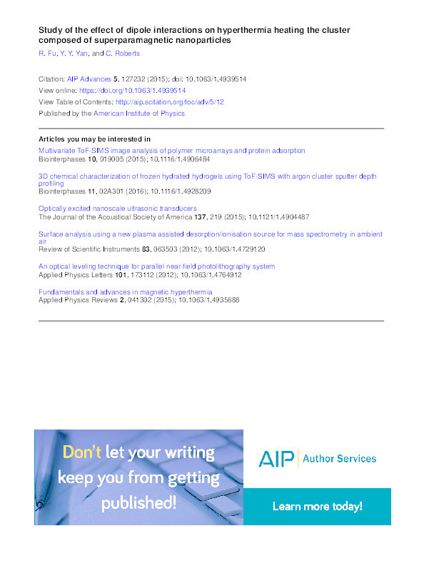 Study of the effect of dipole interactions on hyperthermia heating the cluster composed of superparamagnetic nanoparticles Thumbnail