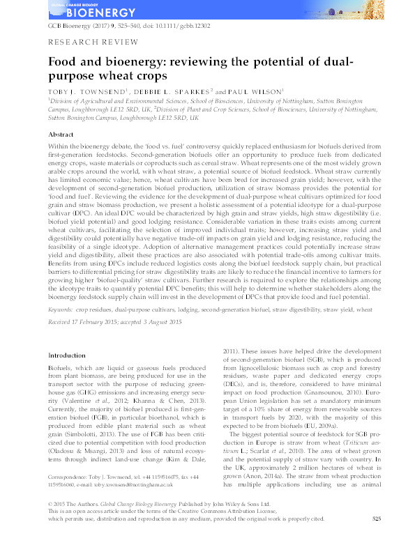 Food and bioenergy: reviewing the potential of dual-purpose wheat crops Thumbnail