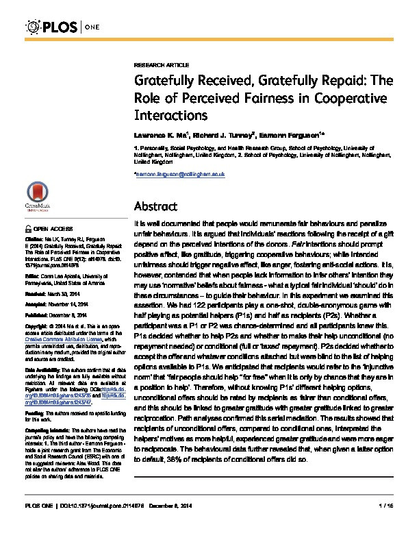 Gratefully Received, Gratefully Repaid: The Role of Perceived Fairness in Cooperative Interactions Thumbnail