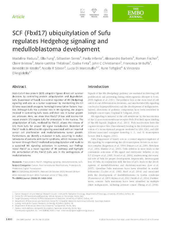 SCF (Fbxl17) ubiquitylation of Sufu regulates Hedgehog signaling and medulloblastoma development Thumbnail