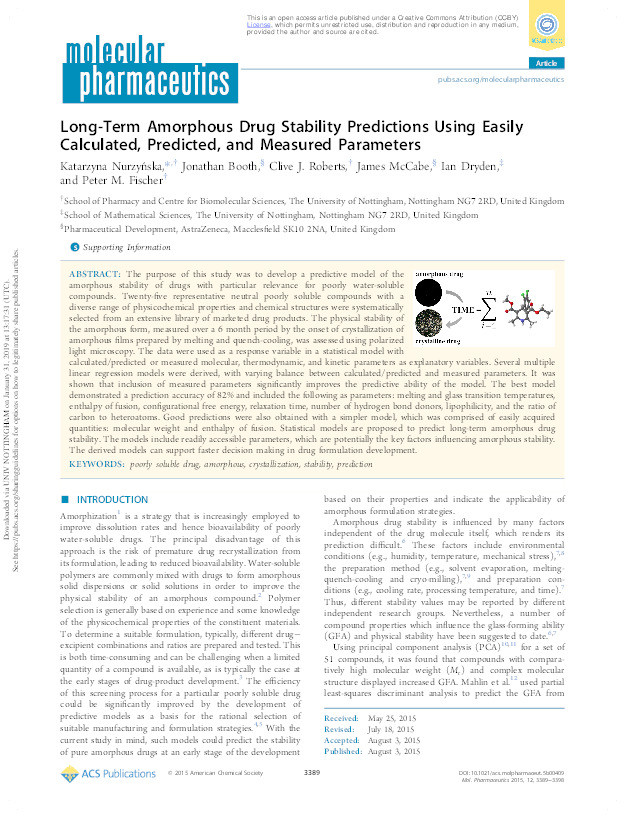 Long-term amorphous drug stability predictions using easily calculated, predicted, and measured parameters Thumbnail