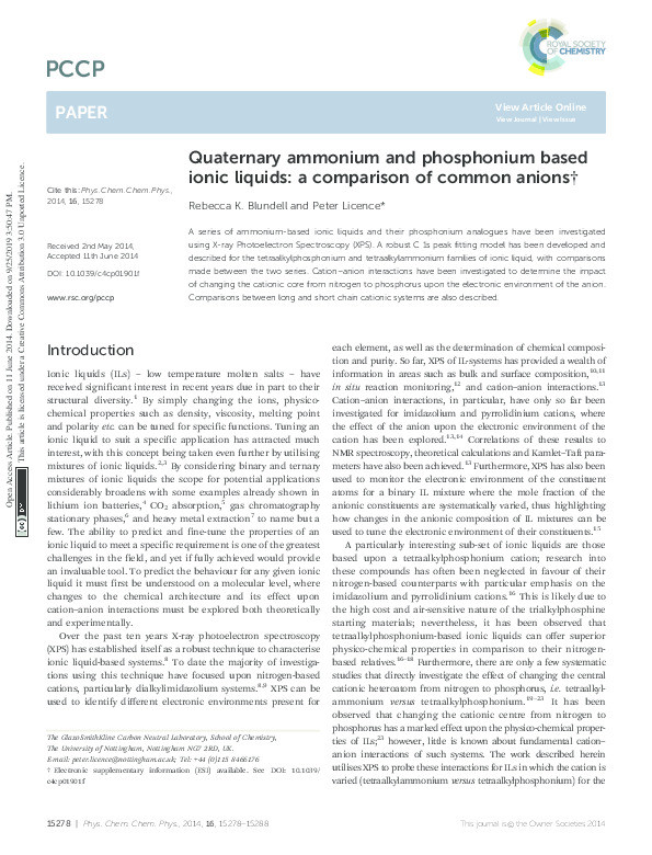 Quaternary ammonium and phosphonium based ionic liquids: a comparison of common anions Thumbnail