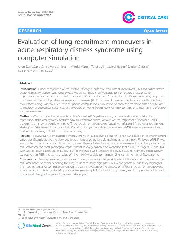 Evaluation of lung recruitment maneuvers in acute respiratory distress syndrome using computer simulation Thumbnail