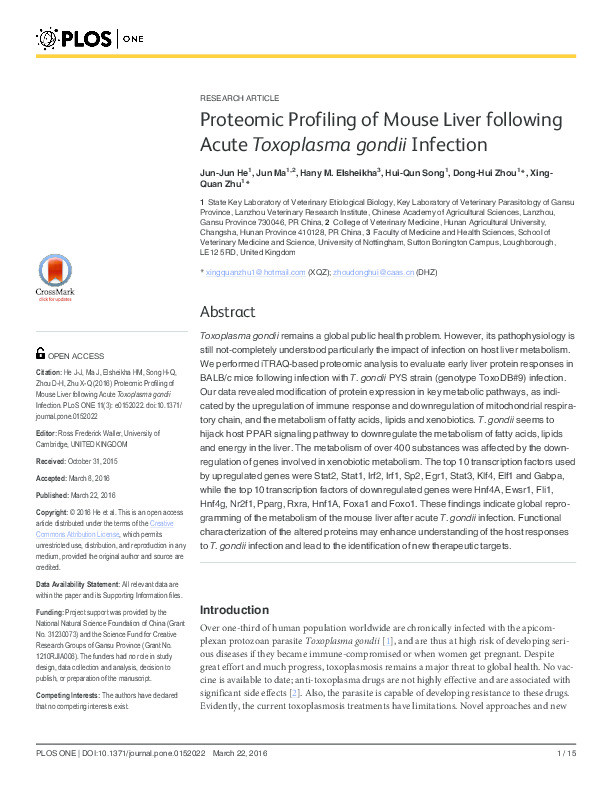 Proteomic profiling of mouse liver following acute Toxoplasma gondii infection Thumbnail