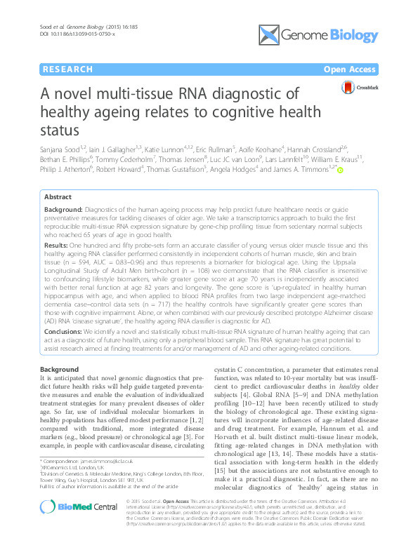 A novel multi-tissue RNA diagnostic of healthy ageing relates to cognitive health status Thumbnail