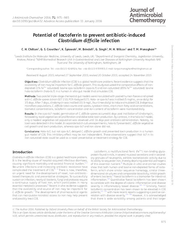 Potential of lactoferrin to prevent antibiotic-induced Clostridium difficile infection Thumbnail