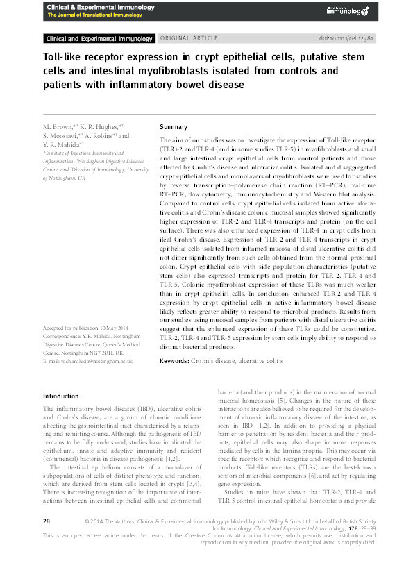 Toll-like receptor expression in crypt epithelial cells, putative stem cells and intestinal myofibroblasts isolated from controls and patients with inflammatory bowel disease Thumbnail