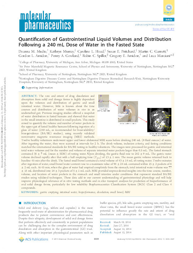 Quantification of gastrointestinal liquid volumes and distribution following a 240 mL dose of water in the fasted state Thumbnail