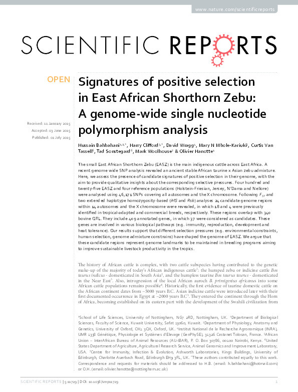 Signatures of positive selection in East African Shorthorn Zebu: A genome-wide single nucleotide polymorphism analysis Thumbnail