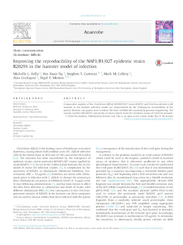 Improving the reproducibility of the NAP1/B1/027 epidemic strain R20291 in the hamster model of infection Thumbnail