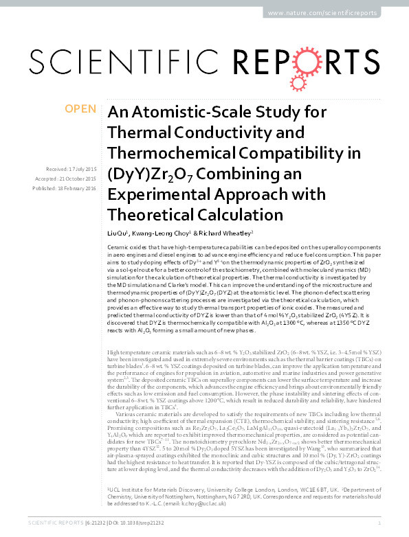 An Atomistic-Scale Study for Thermal Conductivity and Thermochemical Compatibility in (DyY)Zr2O7 Combining an Experimental Approach with Theoretical Calculation Thumbnail