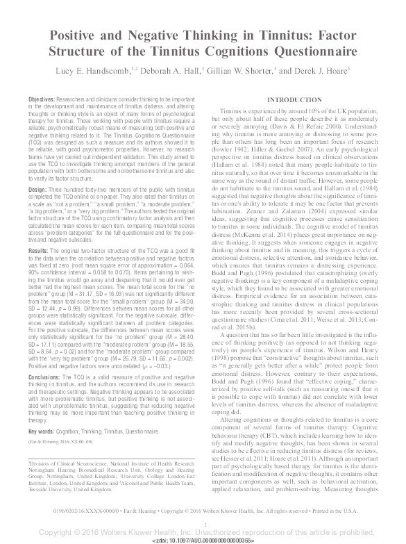 Positive and negative thinking in tinnitus: factor structure of the Tinnitus Cognitions Questionnaire. Thumbnail