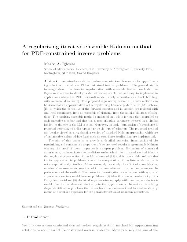 A regularizing iterative ensemble Kalman method for PDE-constrained inverse problems Thumbnail