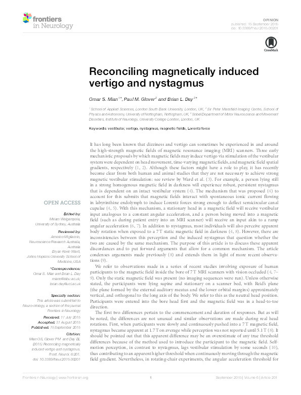 Reconciling magnetically induced vertigo and nystagmus Thumbnail