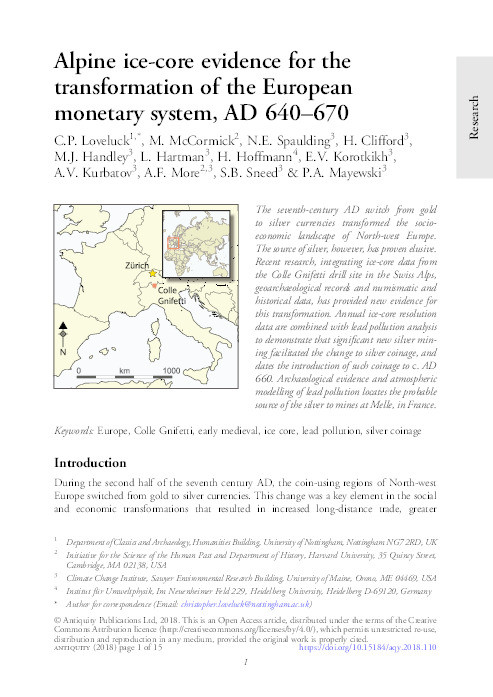 Alpine ice-core evidence for the transformation of the European monetary system, AD 640-670 Thumbnail