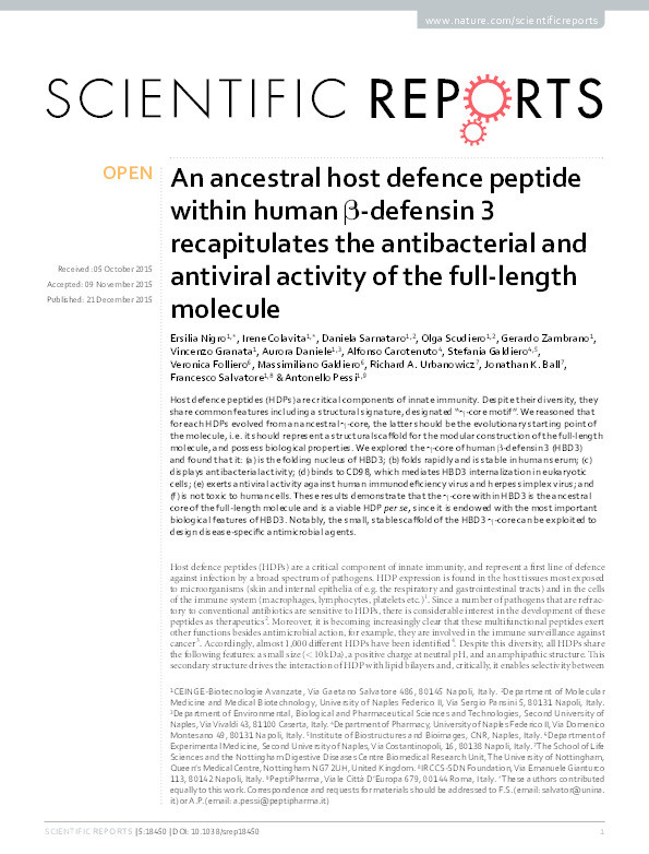 An ancestral host defence peptide within human beta-defensin 3 recapitulates the antibacterial and antiviral activity of the full-length molecule Thumbnail