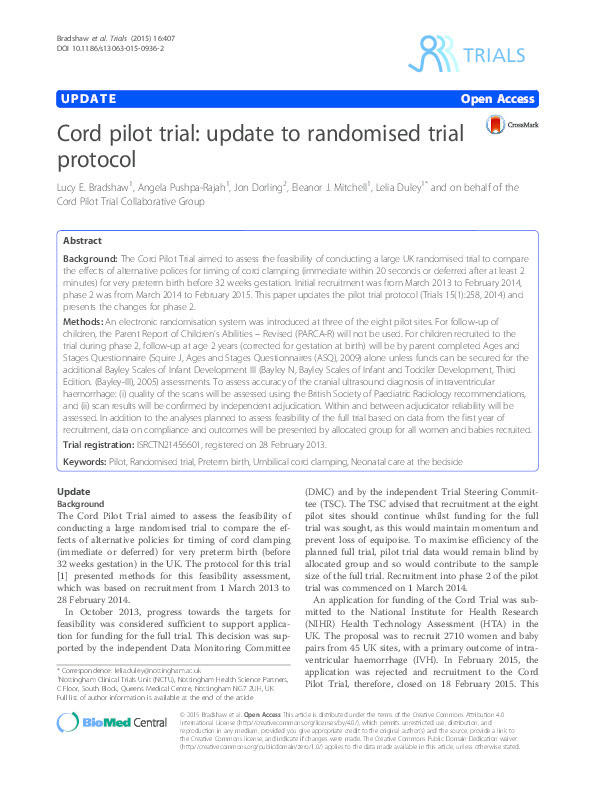 Cord pilot trial: update to randomised trial protocol Thumbnail