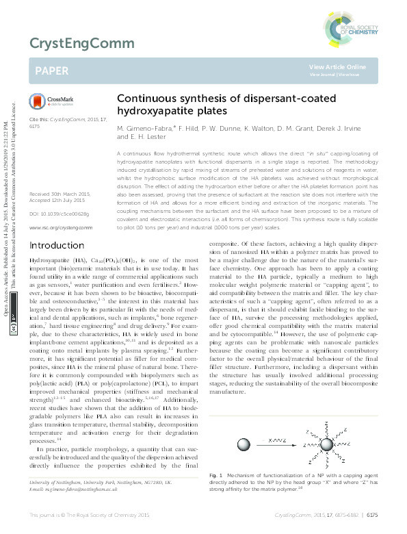 Continuous synthesis of dispersant-coated hydroxyapatite plates Thumbnail