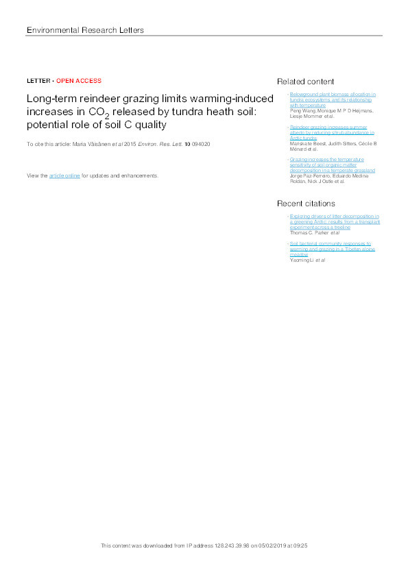 Long-term reindeer grazing limits warming-induced increases in CO2 released by tundra heath soil: potential role of soil C quality Thumbnail